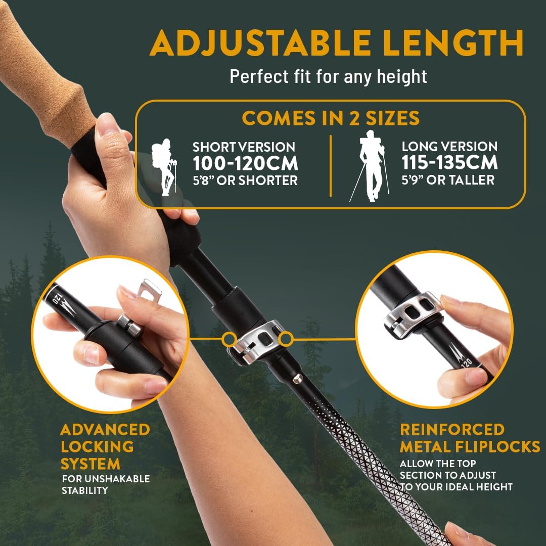 Premium Foldable Hiking Poles by USA Brand - Adjustable, Lightweight Trekking Poles Made of Aircraft Aluminum, Metal Flip Locks & Comfortable Real Cork and EVA Foam Grips - Image 4