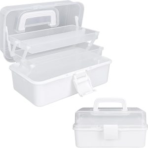 Tackle Box Organizers and Storage,10inch Craft Organizers and Storage,Three-Layer Sewing Box With 2 Trays,Medicine Storage Box With Handle For Nail、Makeup、Diamond Painting、Building Blocks (White)